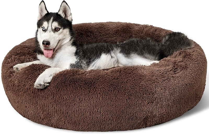 Bedsure Calming Dog Bed Medium Size Dog - Donut Washable Medium Pet Bed, 30 inches Anti-Slip Round Fluffy Plush Faux Fur Cat Bed, Fits up to 45 lbs Pets, Camel