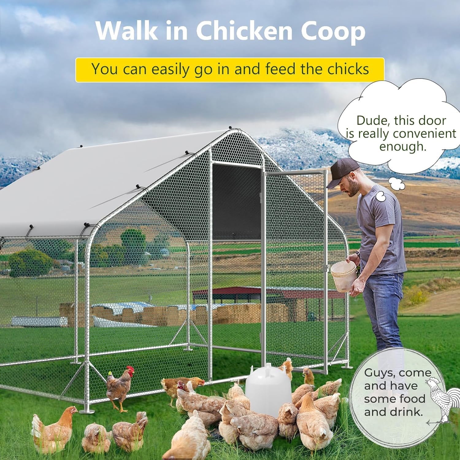 Large Metal Chicken Coops, Outdoor Duck Walk-in Run Poultry Cage, Hen House Yard Habitat Cage with Waterproof Cover Spire Shaped Coop, 9.8' L x 6.6' W x 6.6' H