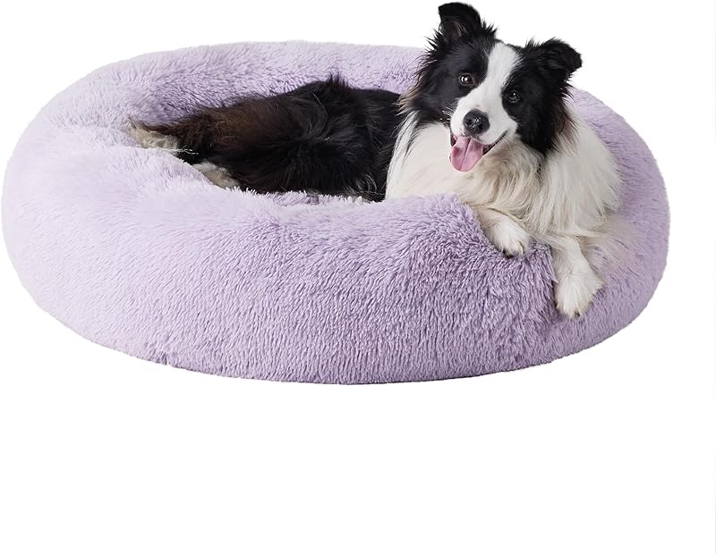 Bedsure Calming Dog Bed Medium Size Dog - Donut Washable Medium Pet Bed, 30 inches Anti-Slip Round Fluffy Plush Faux Fur Cat Bed, Fits up to 45 lbs Pets, Camel