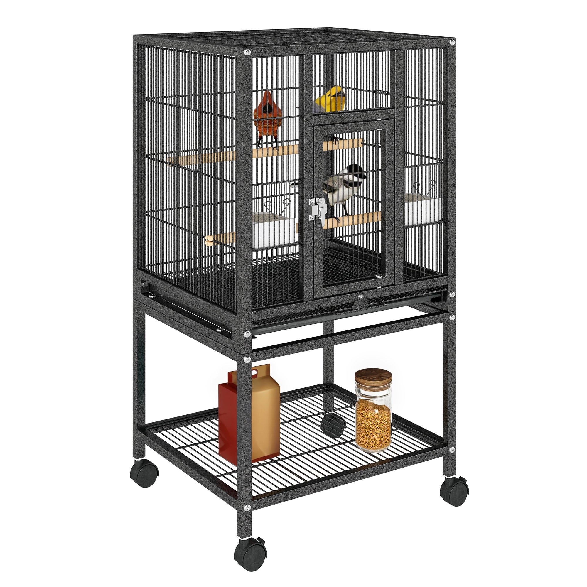 Uforic 41" Metal Birdcage with Rolling Stand and Castor Wheels, Large Parrot Cage with 2 Perches and 2 Feeders, Spacious Storage Tray, Black