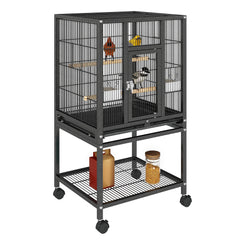 Uforic 41" Metal Birdcage with Rolling Stand and Castor Wheels, Large Parrot Cage with 2 Perches and 2 Feeders, Spacious Storage Tray, Black