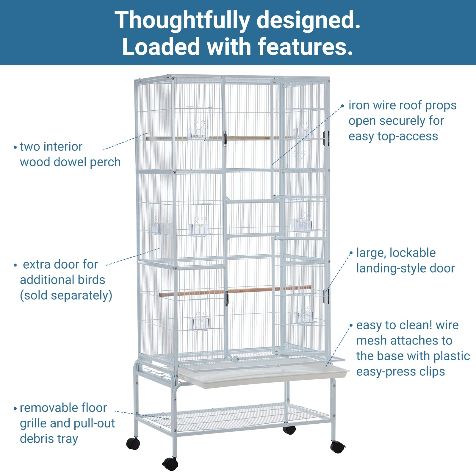 Garvee 69'' Extra Large Bird Cage Metal Parrot Cage w/Detachable Stand for Mid-Sized Parrots Cockatiels Conures Parakeets Lovebirds Budgie Finch, White