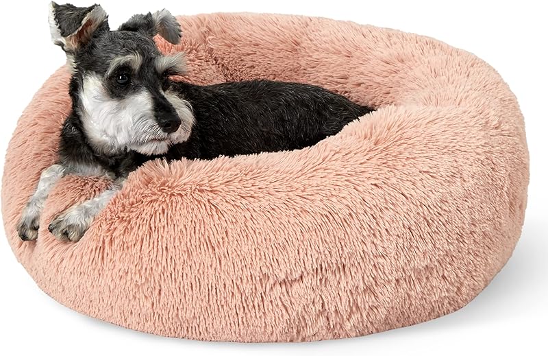 Bedsure Calming Dog Bed Medium Size Dog - Donut Washable Medium Pet Bed, 30 inches Anti-Slip Round Fluffy Plush Faux Fur Cat Bed, Fits up to 45 lbs Pets, Camel