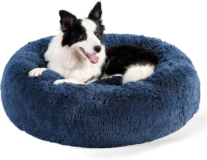 Bedsure Calming Dog Bed Medium Size Dog - Donut Washable Medium Pet Bed, 30 inches Anti-Slip Round Fluffy Plush Faux Fur Cat Bed, Fits up to 45 lbs Pets, Camel
