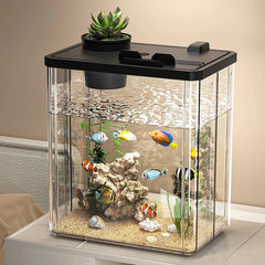 Fish Tank Aquarium Starter Kit, Mini Desktop Rectangular Fish Tank With Pump, LED Light, Simulated Water Plants, Fish Bowl Tabletop Decoration For Shrimp Small Fish