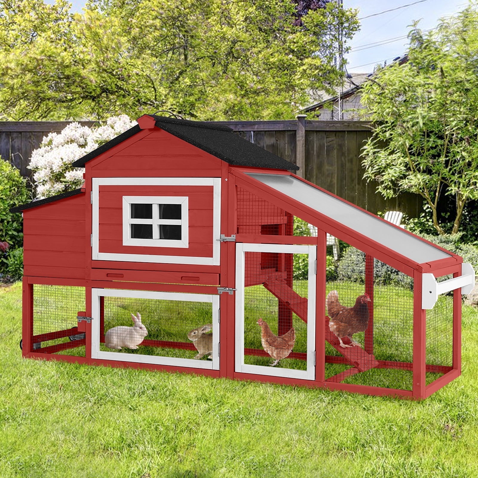 Aivituvin Chicken Coop, Mobile Chicken House with with Wheels, Outdoor Hen House Poultry Cage with Nesting Box, Leakproof Pull Out Tray and UV-Resistant Roof,Rabbit Hutch Duck Coop (Red)