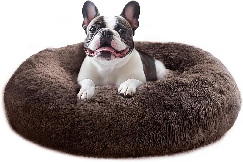 JOLLYVOGUE Calming Dog & Cat Bed for Small Dogs, Anti-Anxiety Donut Cuddler Cozy Soft Round Bed with Anti-Slip Bottom, Fluffy Faux Fur Plush Cushion Beds for Small Medium Dogs (20")