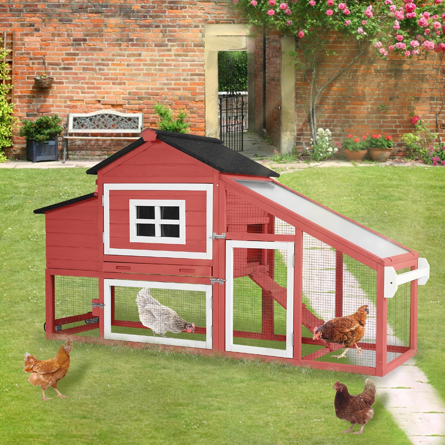 Aivituvin Chicken Coop, Mobile Chicken House with with Wheels, Outdoor Hen House Poultry Cage with Nesting Box, Leakproof Pull Out Tray and UV-Resistant Roof,Rabbit Hutch Duck Coop (Red)
