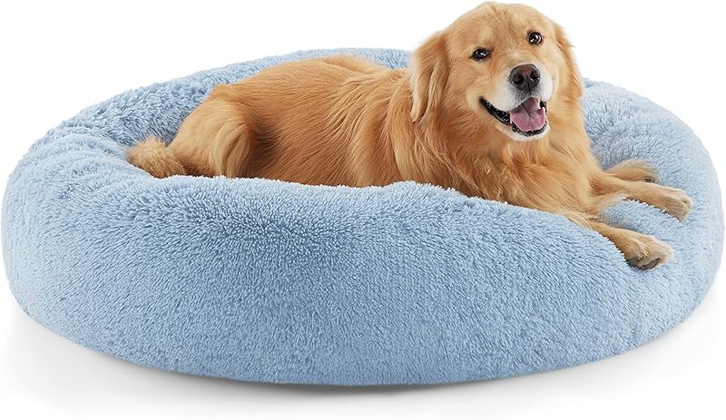 Bedsure Calming Dog Bed Medium Size Dog - Donut Washable Medium Pet Bed, 30 inches Anti-Slip Round Fluffy Plush Faux Fur Cat Bed, Fits up to 45 lbs Pets, Camel
