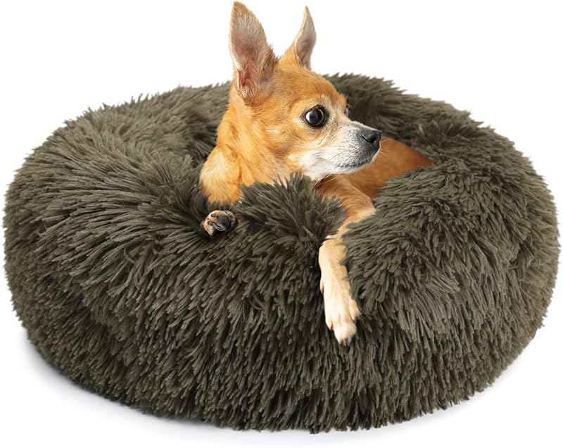 Small Calming Dogs Bed for Small Dogs Anti-Anxiety Machine Washable Fluffy Luxury Anti-Slip Waterproof Mute Base Warming Cozy Soft Pet Puppy Round Bed