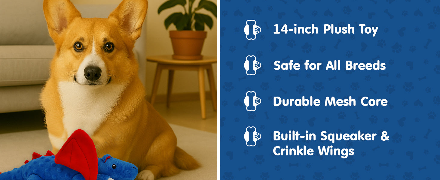 Dragon Dog Squeak Plush Toy Chew Toy Resistant to Bite Keeps Dogs Healthy and Happy Birthday Gift Suitable for Large, Medium and Small Dogs Blue 14 Inch