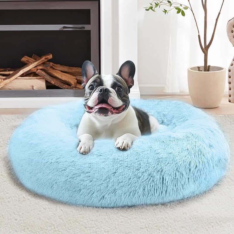 JOLLYVOGUE Calming Dog & Cat Bed for Small Dogs, Anti-Anxiety Donut Cuddler Cozy Soft Round Bed with Anti-Slip Bottom, Fluffy Faux Fur Plush Cushion Beds for Small Medium Dogs (20")