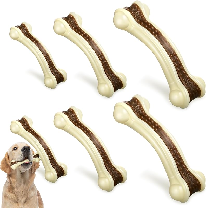 Sosation 6 Pcs Dog Toys for Aggressive Chewers Nylon Beef Flavor Bones Tough Puppy Teething Toys Puppy Chew Bones for Large Medium Small Breed Dogs Puppies Pets Chew Toys(Medium)