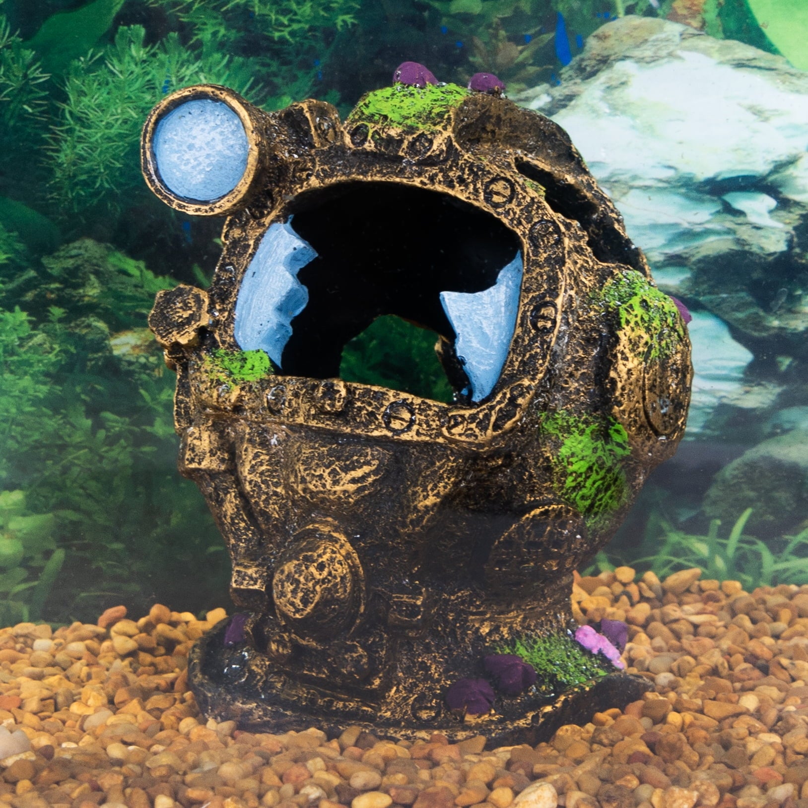 Penn-Plax Deco-Replicas Sunken Garden Diver Helmet Aquarium Ornament - Fish Tank Decoration - Small