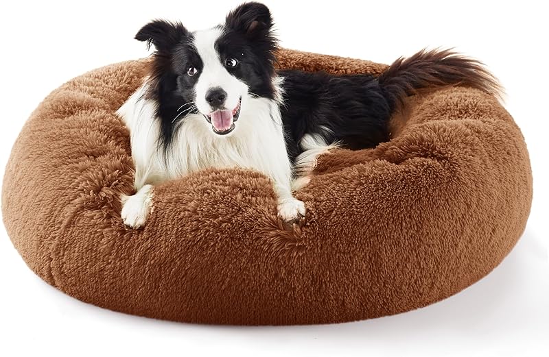 Bedsure Calming Dog Bed Medium Size Dog - Donut Washable Medium Pet Bed, 30 inches Anti-Slip Round Fluffy Plush Faux Fur Cat Bed, Fits up to 45 lbs Pets, Camel