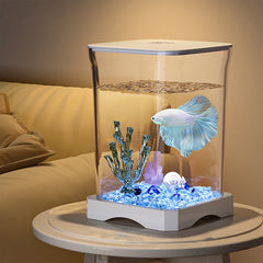 Ikohbadg Mini Self-Cleaning Aquarium LED Cube Ecosystem, Desktop Aquarium Starter Kit LED Lighting Design, Fake Fish Tank Mini Aquarium, Fake Aquarium Decorative Lamp, Gift for Kids, White