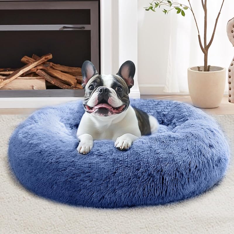 JOLLYVOGUE Calming Dog & Cat Bed for Small Dogs, Anti-Anxiety Donut Cuddler Cozy Soft Round Bed with Anti-Slip Bottom, Fluffy Faux Fur Plush Cushion Beds for Small Medium Dogs (20")