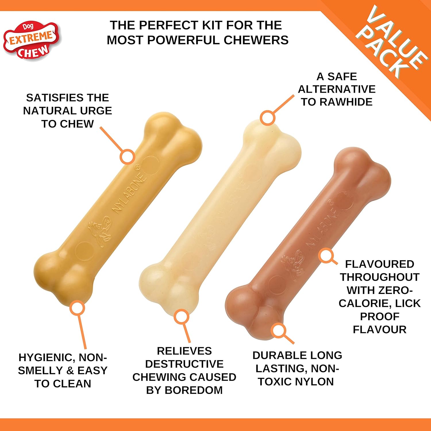 Nylabone Extreme Tough Dog Chew Toy Bones, Peanut Butter, Chicken, Bacon Flavoured, 3-Piece, Small, for Dogs Up to 11 kg