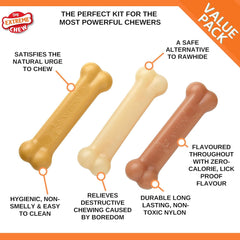 Nylabone Extreme Tough Dog Chew Toy Bones, Peanut Butter, Chicken, Bacon Flavoured, 3-Piece, Small, for Dogs Up to 11 kg