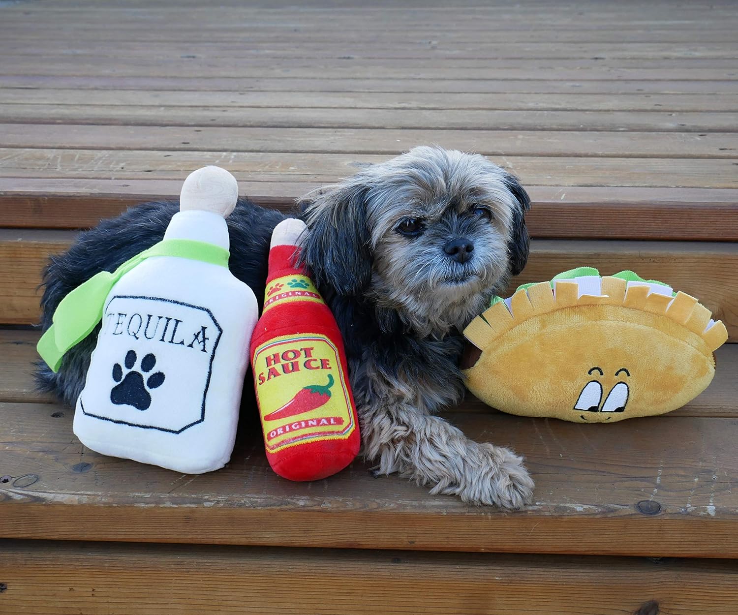 4 Pack Fiesta Dog Chew Toys and Sombrero - Mexican Squeak Plush Toys - Dog Gifts for Chihuahuas - Taco - Tequila - Hot Sauce - for All Breeds