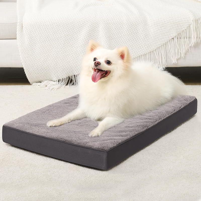 KSIIA Orthopedic Dog Bed Dog Crate Bed Waterproof for Large Dogs Deluxe Plush Washable Pet Mat with Egg Crate Foam & Removable Cover, 35 x 22 Inch, Gray