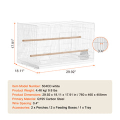 KFFKFF Avian Habitat, 18 inches, Compact Parakeet Enclosure, Robust Metallic Bird Mobility Enclosure, Portable Aviary with 2 Roosts & 2 Nourishment Bowls, Canary, Lovebird, White