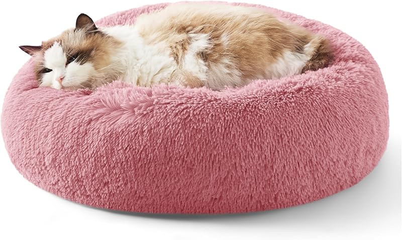 Bedsure Calming Dog Bed Medium Size Dog - Donut Washable Medium Pet Bed, 30 inches Anti-Slip Round Fluffy Plush Faux Fur Cat Bed, Fits up to 45 lbs Pets, Camel