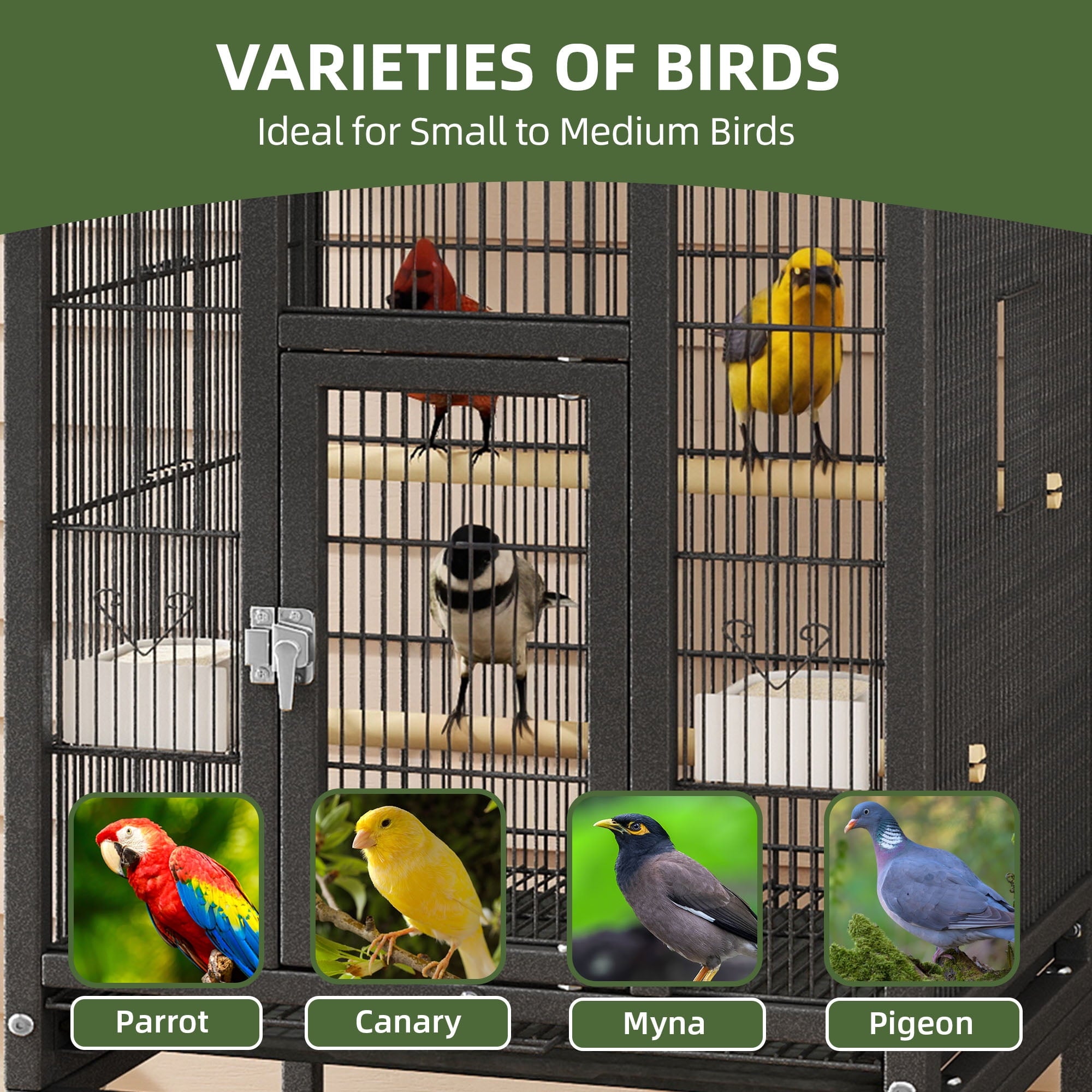 Uforic 41" Metal Birdcage with Rolling Stand and Castor Wheels, Large Parrot Cage with 2 Perches and 2 Feeders, Spacious Storage Tray, Black