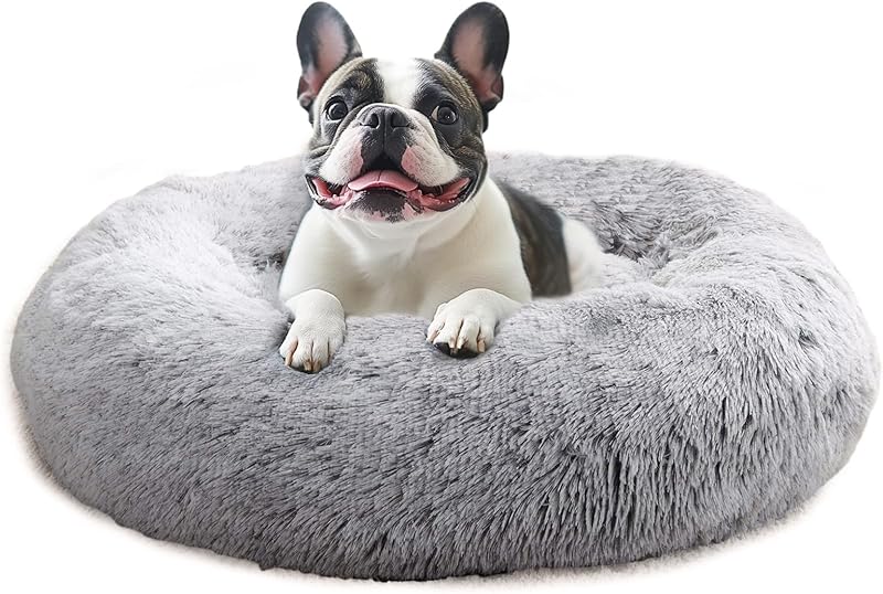 JOLLYVOGUE Calming Dog & Cat Bed for Small Dogs, Anti-Anxiety Donut Cuddler Cozy Soft Round Bed with Anti-Slip Bottom, Fluffy Faux Fur Plush Cushion Beds for Small Medium Dogs (20")