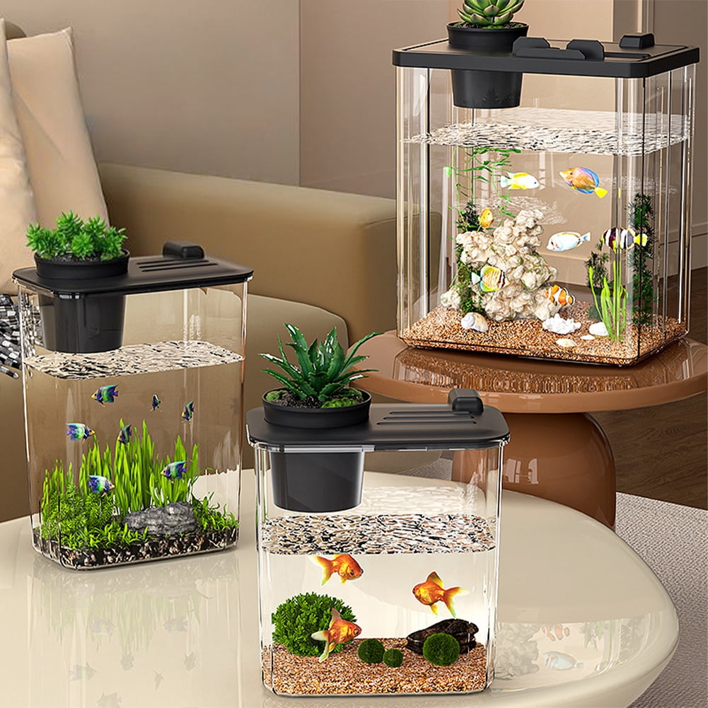 Fish Tank Aquarium Starter Kit, Mini Desktop Rectangular Fish Tank With Pump, LED Light, Simulated Water Plants, Fish Bowl Tabletop Decoration For Shrimp Small Fish