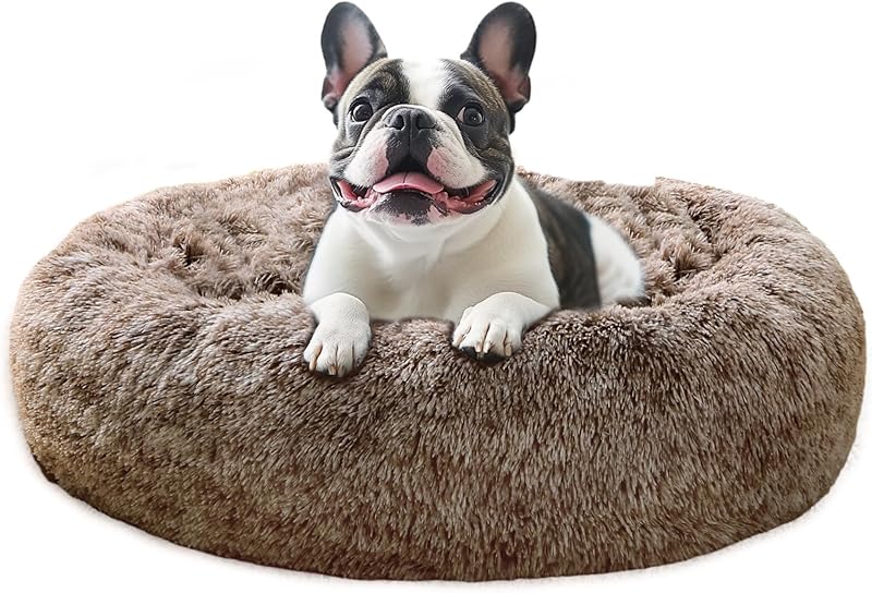 JOLLYVOGUE Calming Dog & Cat Bed for Small Dogs, Anti-Anxiety Donut Cuddler Cozy Soft Round Bed with Anti-Slip Bottom, Fluffy Faux Fur Plush Cushion Beds for Small Medium Dogs (20")