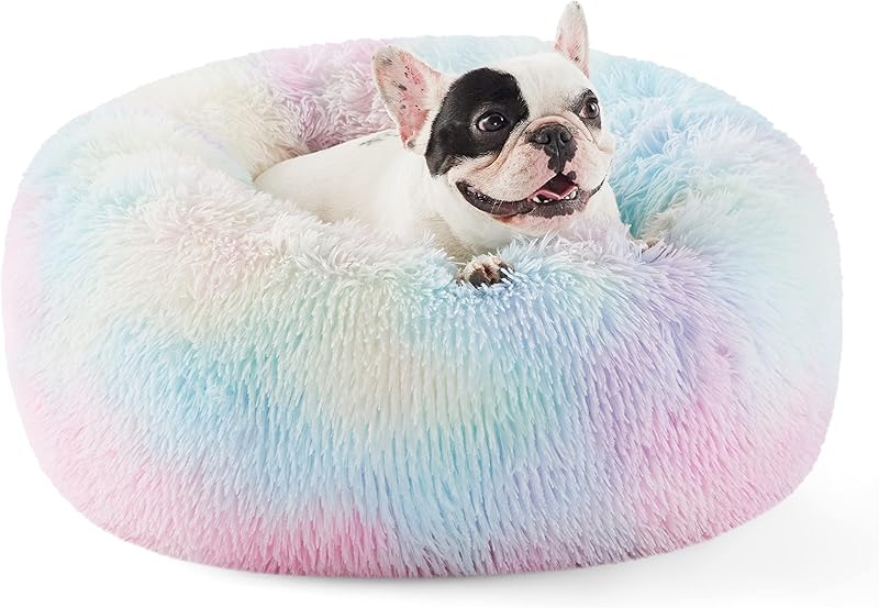 Bedsure Calming Dog Bed Medium Size Dog - Donut Washable Medium Pet Bed, 30 inches Anti-Slip Round Fluffy Plush Faux Fur Cat Bed, Fits up to 45 lbs Pets, Camel