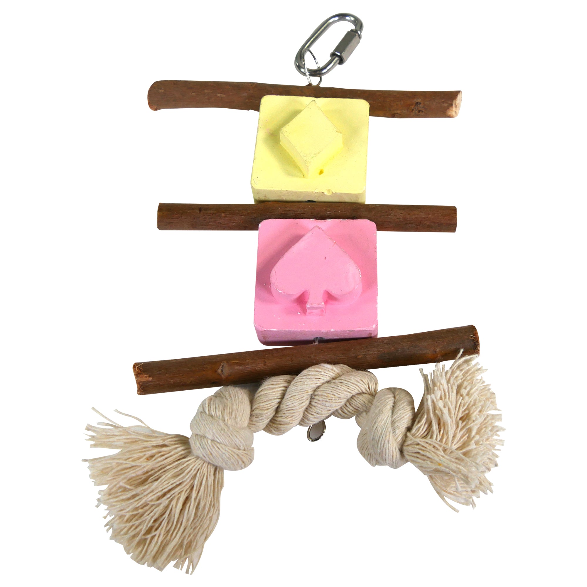 Penn-Plax Casino Kabob Toy for Medium Birds - Wood Perches, Pink & Yellow Calcium Blocks, & Rope Toy