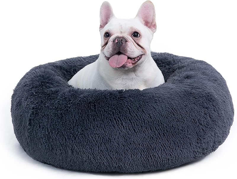 Bedsure Calming Dog Bed Medium Size Dog - Donut Washable Medium Pet Bed, 30 inches Anti-Slip Round Fluffy Plush Faux Fur Cat Bed, Fits up to 45 lbs Pets, Camel