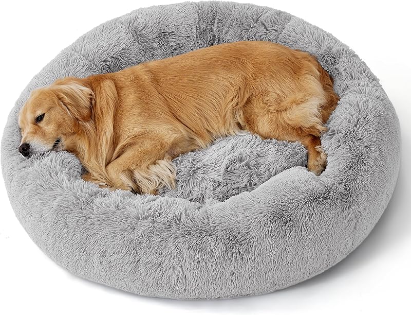 Bedsure Calming Dog Bed Medium Size Dog - Donut Washable Medium Pet Bed, 30 inches Anti-Slip Round Fluffy Plush Faux Fur Cat Bed, Fits up to 45 lbs Pets, Camel