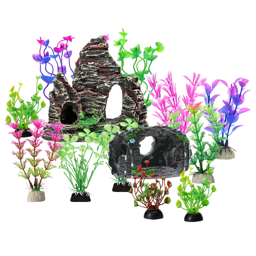 GreenJoy Fish Tank Accessories Aquarium Decorations - 13 Packs Plastic Plants Material Hideout Ornaments Small Size