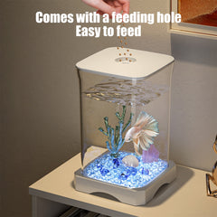 Ikohbadg Mini Self-Cleaning Aquarium LED Cube Ecosystem, Desktop Aquarium Starter Kit LED Lighting Design, Fake Fish Tank Mini Aquarium, Fake Aquarium Decorative Lamp, Gift for Kids, White