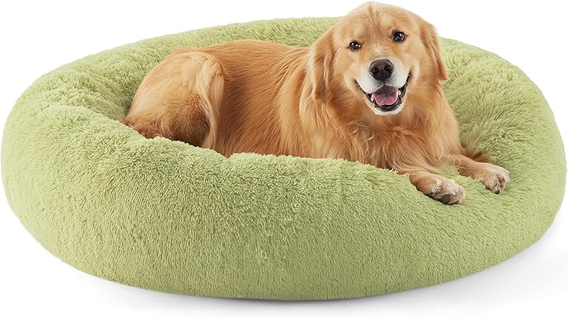 Bedsure Calming Dog Bed Medium Size Dog - Donut Washable Medium Pet Bed, 30 inches Anti-Slip Round Fluffy Plush Faux Fur Cat Bed, Fits up to 45 lbs Pets, Camel