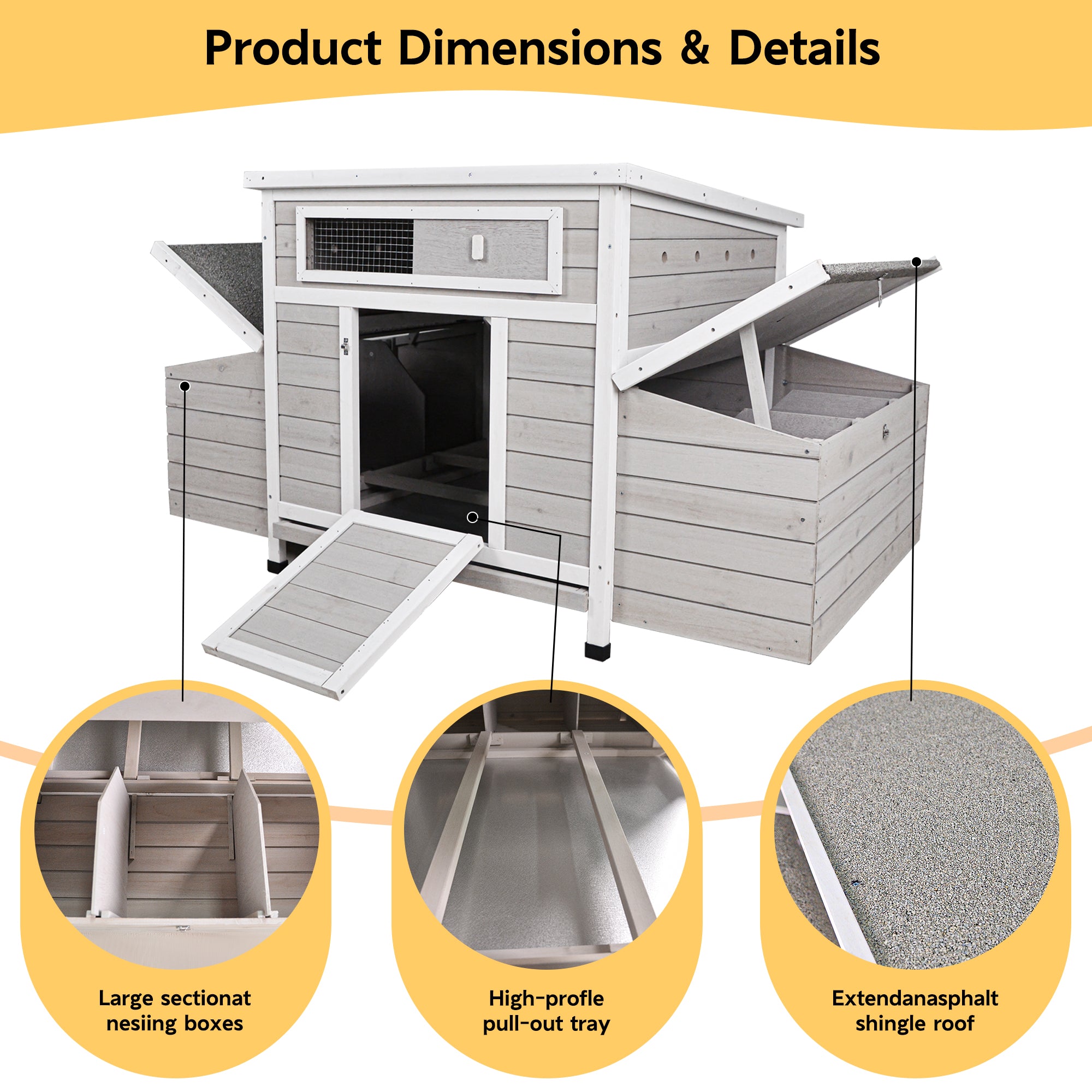 Chicken Coop with 6 Nesting Boxes, 58" L Chicken Coops for 4-6 Chickens, Outdoor Chicken Coop with Leakproof Pull-on Tray, and Asphalt Waterproof Roof