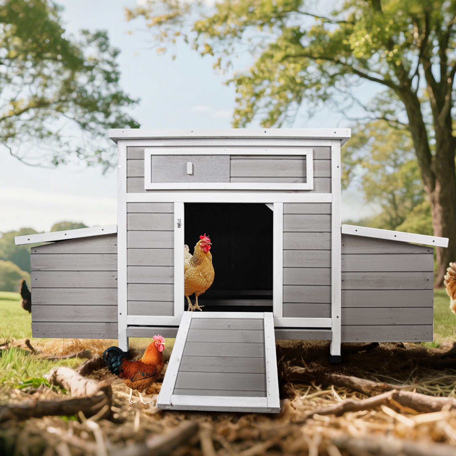 Chicken Coop with 6 Nesting Boxes, 58" L Chicken Coops for 4-6 Chickens, Outdoor Chicken Coop with Leakproof Pull-on Tray, and Asphalt Waterproof Roof