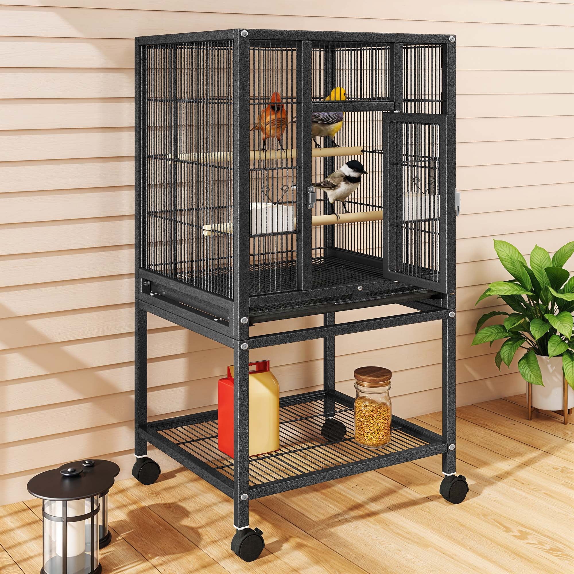 Uforic 41" Metal Birdcage with Rolling Stand and Castor Wheels, Large Parrot Cage with 2 Perches and 2 Feeders, Spacious Storage Tray, Black