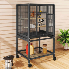 Uforic 41" Metal Birdcage with Rolling Stand and Castor Wheels, Large Parrot Cage with 2 Perches and 2 Feeders, Spacious Storage Tray, Black