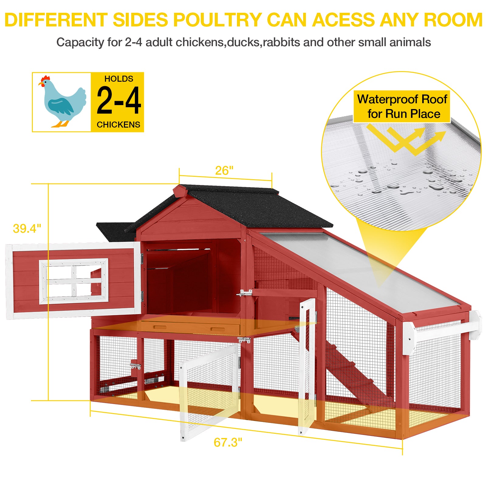 Aivituvin Chicken Coop, Mobile Chicken House with with Wheels, Outdoor Hen House Poultry Cage with Nesting Box, Leakproof Pull Out Tray and UV-Resistant Roof,Rabbit Hutch Duck Coop (Red)