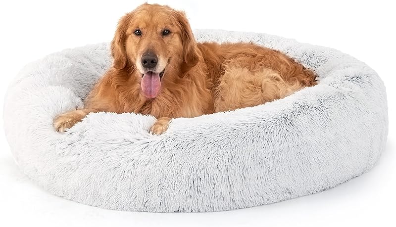 Bedsure Calming Dog Bed Medium Size Dog - Donut Washable Medium Pet Bed, 30 inches Anti-Slip Round Fluffy Plush Faux Fur Cat Bed, Fits up to 45 lbs Pets, Camel