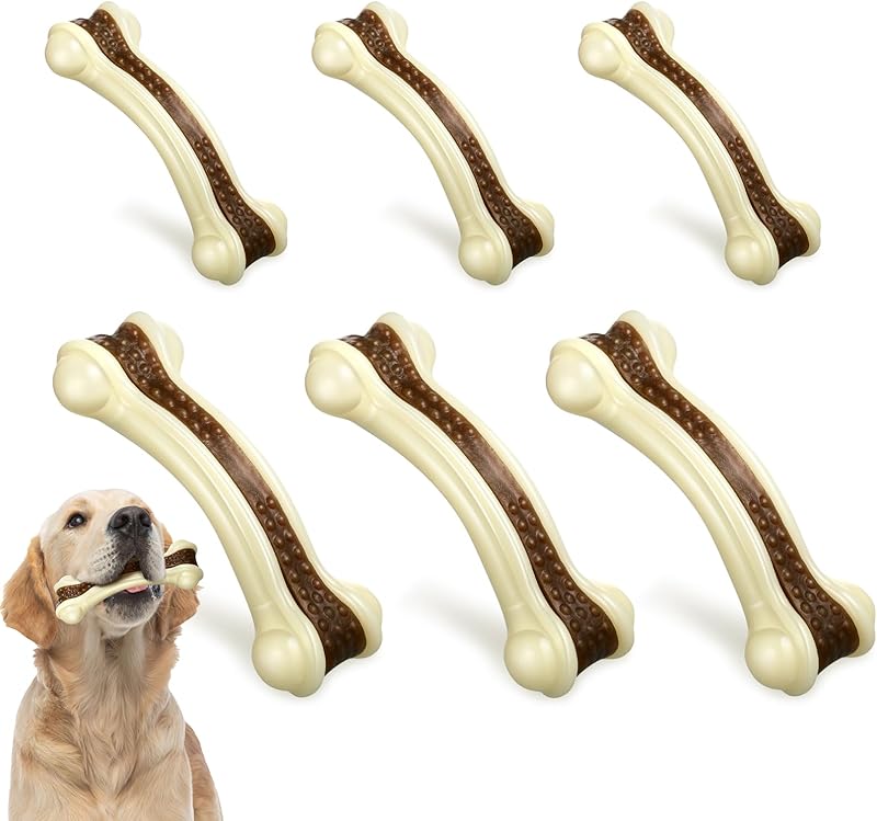 Sosation 6 Pcs Dog Toys for Aggressive Chewers Nylon Beef Flavor Bones Tough Puppy Teething Toys Puppy Chew Bones for Large Medium Small Breed Dogs Puppies Pets Chew Toys(Medium)