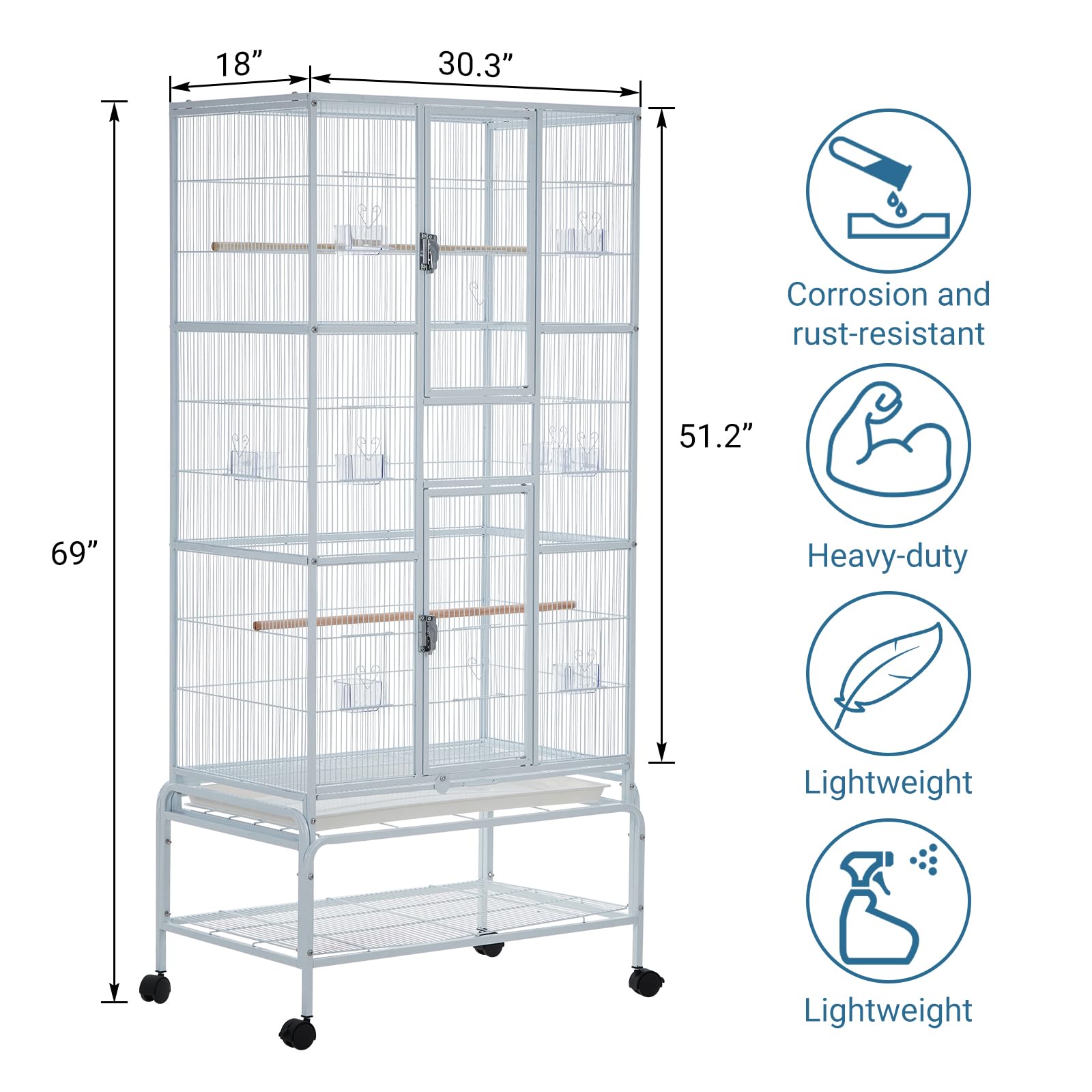 Garvee 69'' Extra Large Bird Cage Metal Parrot Cage w/Detachable Stand for Mid-Sized Parrots Cockatiels Conures Parakeets Lovebirds Budgie Finch, White