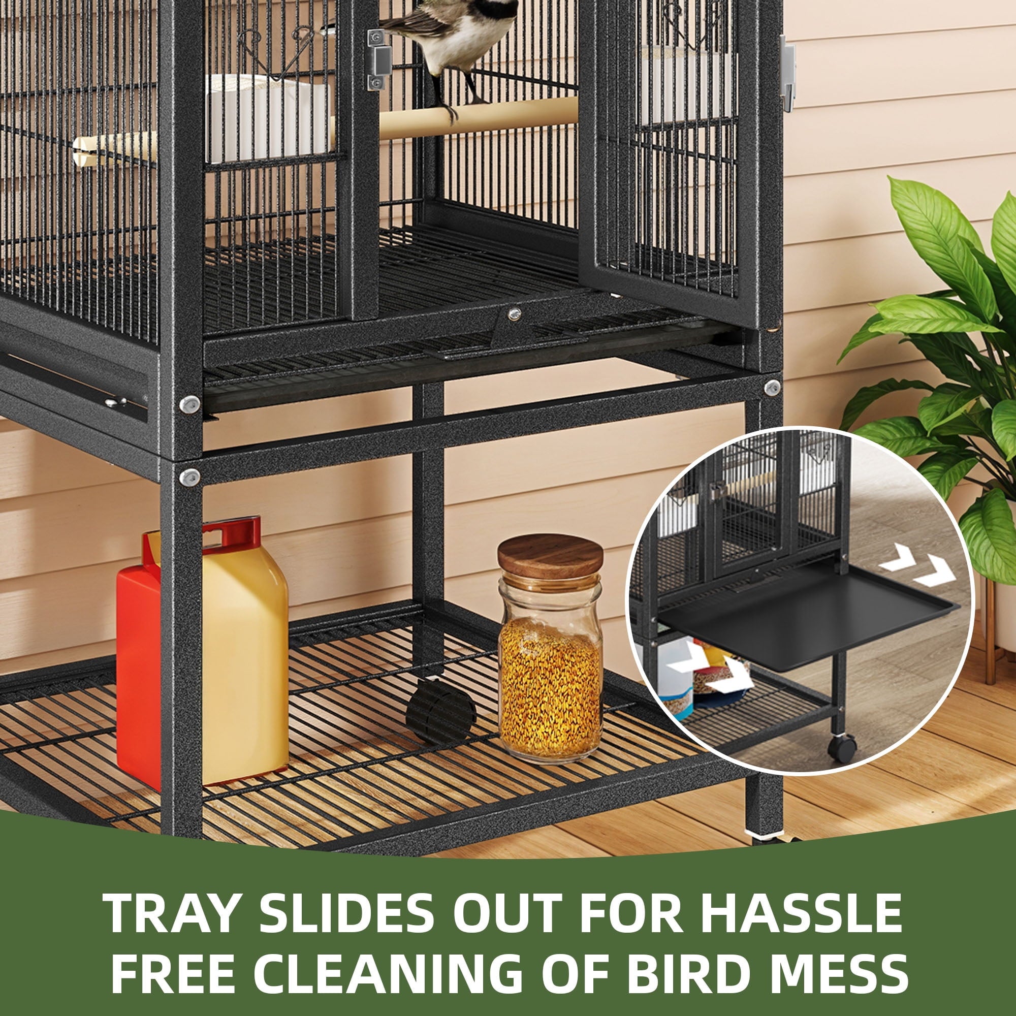 Uforic 41" Metal Birdcage with Rolling Stand and Castor Wheels, Large Parrot Cage with 2 Perches and 2 Feeders, Spacious Storage Tray, Black