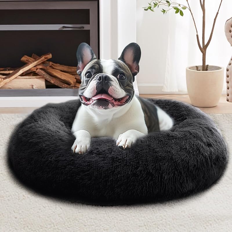JOLLYVOGUE Calming Dog & Cat Bed for Small Dogs, Anti-Anxiety Donut Cuddler Cozy Soft Round Bed with Anti-Slip Bottom, Fluffy Faux Fur Plush Cushion Beds for Small Medium Dogs (20")