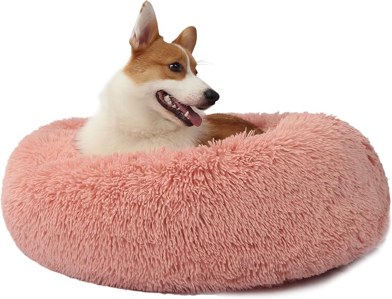 Small Calming Dogs Bed for Small Dogs Anti-Anxiety Machine Washable Fluffy Luxury Anti-Slip Waterproof Mute Base Warming Cozy Soft Pet Puppy Round Bed