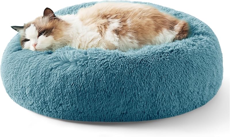 Bedsure Calming Dog Bed Medium Size Dog - Donut Washable Medium Pet Bed, 30 inches Anti-Slip Round Fluffy Plush Faux Fur Cat Bed, Fits up to 45 lbs Pets, Camel
